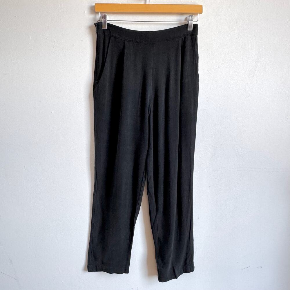 7115 by SZEKI Minimalist Linen-Rayon Black Pleated Tapered Pants